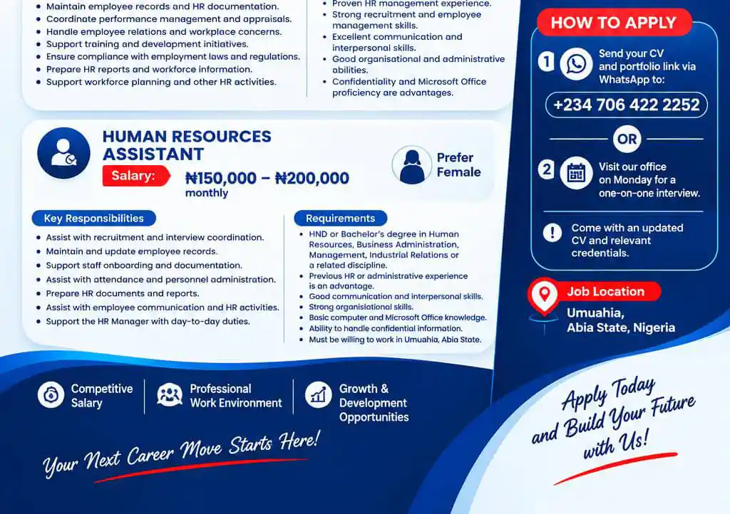 HR Jobs in Umuahia, Abia State | Human Resources Manager & Assistant