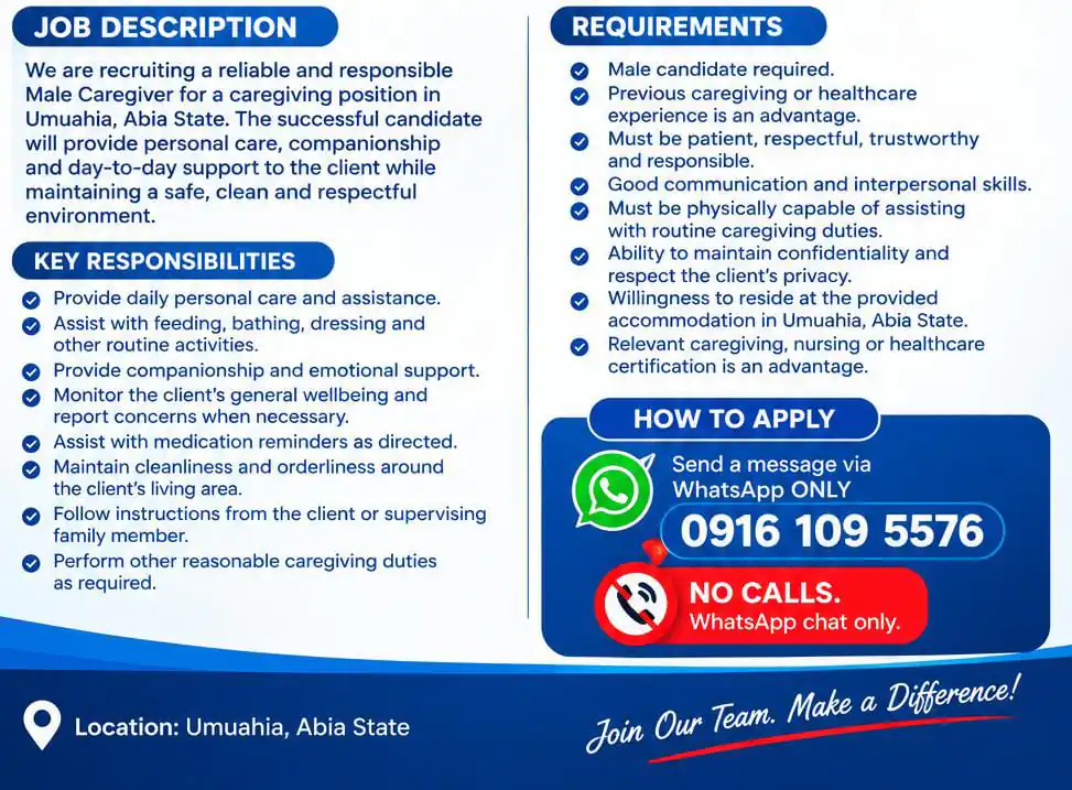 Male Caregiver Job in Umuahia, Abia State